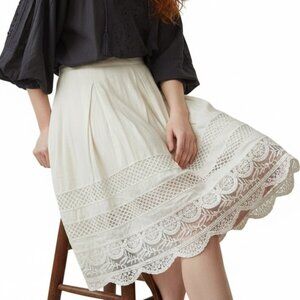 Vintage Style Cirana Neutral Cotton/Linen Lace Inset Scalloped Hem Skirt Size M